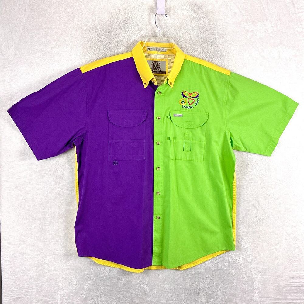 Tiger Hill Mardi Gras Shirt Men XL Purple Green Yellow Performance Poplin Safari